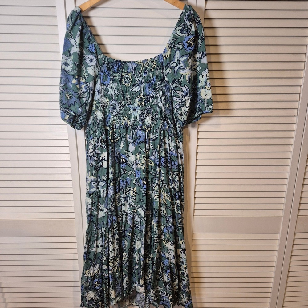Sonoma Midi Dress XXL Green Floral Smocked Beachy Tropical Vacation Square Neck - Picture 8 of 8